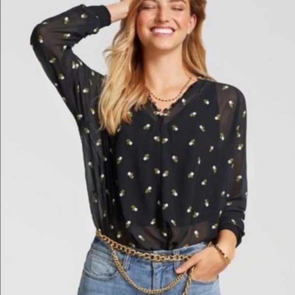 Cabi Black Embroidered Sheer Floral Smocked Neck Blouse Size XS - Picture 2 of 10